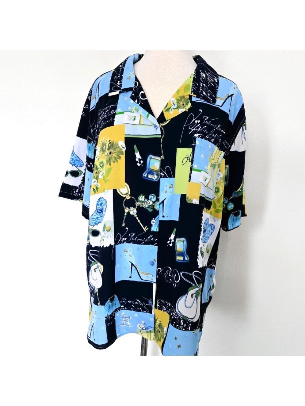 Susan Graver Blue Button Down Shirt w/ Fun Shopping Print Size Large